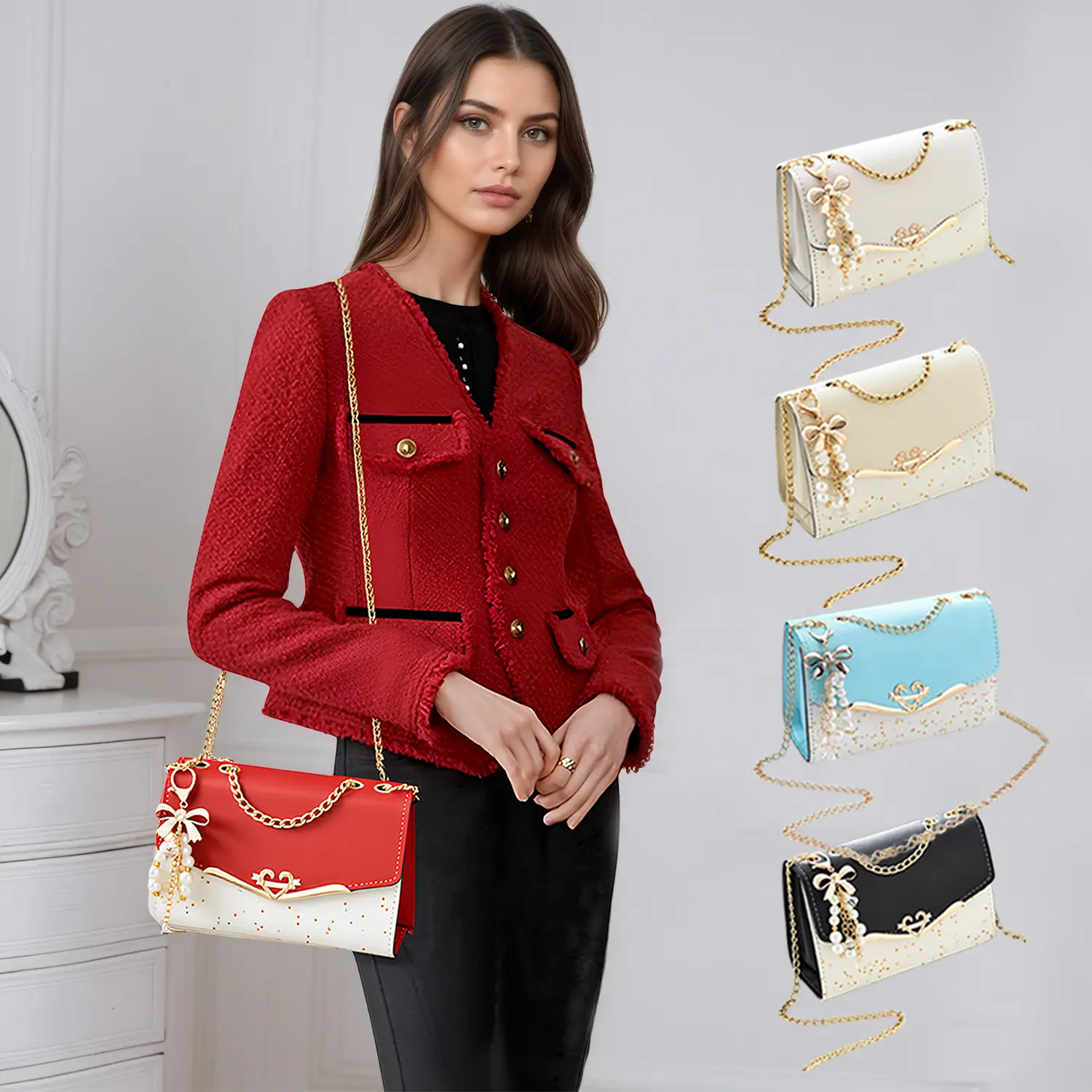 Women's Bow Pearls Chain Strap Crossbody Bag Flap Shoulder Purse, Glittering Sequins Satchel for Valentine's Gifts for Girlfriend