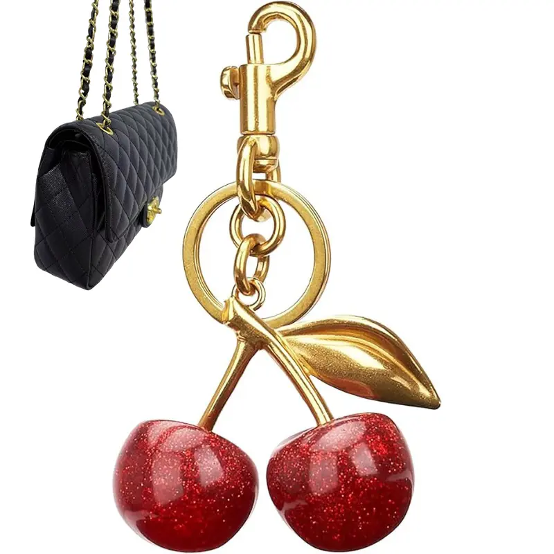 Cherry Bag Charm with Glitter Effect, Plain PU Leather Clasp Hook Shoe Decoration Charm - Sweet Casual Daily Commute Accessory, Bonus Mini Pouch Gift, Bag Charms, Gift-Giving