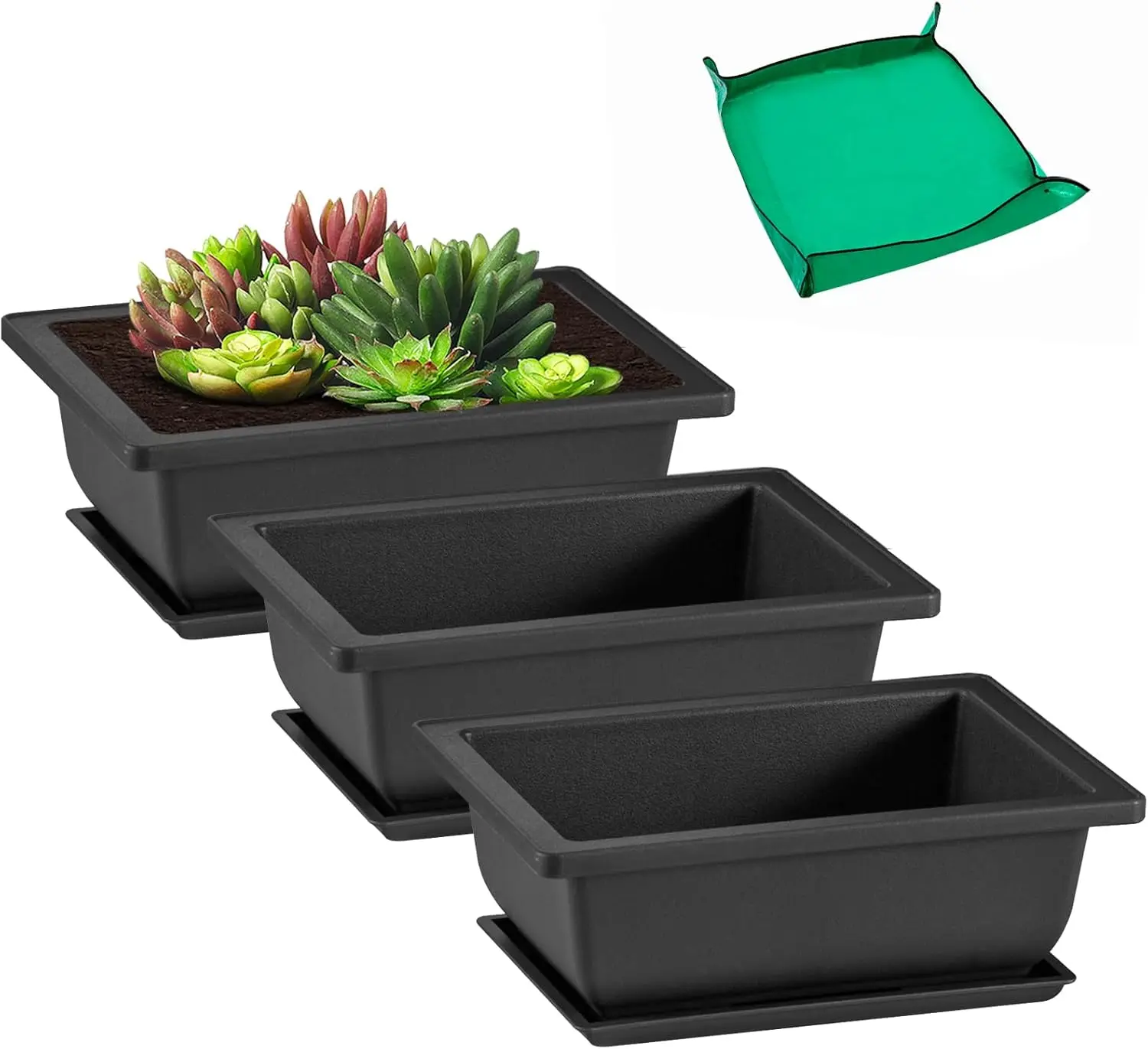3 count 6.5 Inch Bonsai Pots with Drainage Humidity Trays & 1 Repotting Mat, Durable Bonsai Tree  Pot Rectangle Planter Kit Seedling Starter Small Indoor Outdoor Growing Built in Mesh