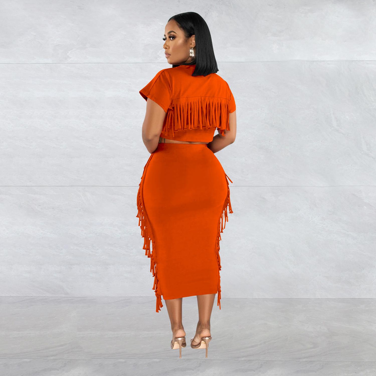 FashionableStyle Solid Color Fringe Round Neck Short Sleeve Long Dress Two-Piece Set