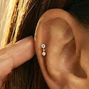 CelestialbyA&J CZ Double Drop Dangle • Titanium Flat Back Dainty Dangle Earring • Internally Threaded CZ Helix• Hypoallergenic Cartilage Stud for Tragus, Second Lobe, Helix
