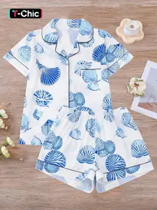 Summer Limited Edition Ocean Style Pajamas, Shell Print, Cool Smooth Fabric, Short Sleeve Shorts Set, Loose Fit, Breathable, Wearable at Home