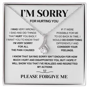 Apology Gift Necklace for Her, Sorry Forgiveness Jewelry, Cubic Zirconia Pendant with White Gold Finish, Romantic Love Message Necklace, Meaningful Promise Gift for Girlfriend Wife