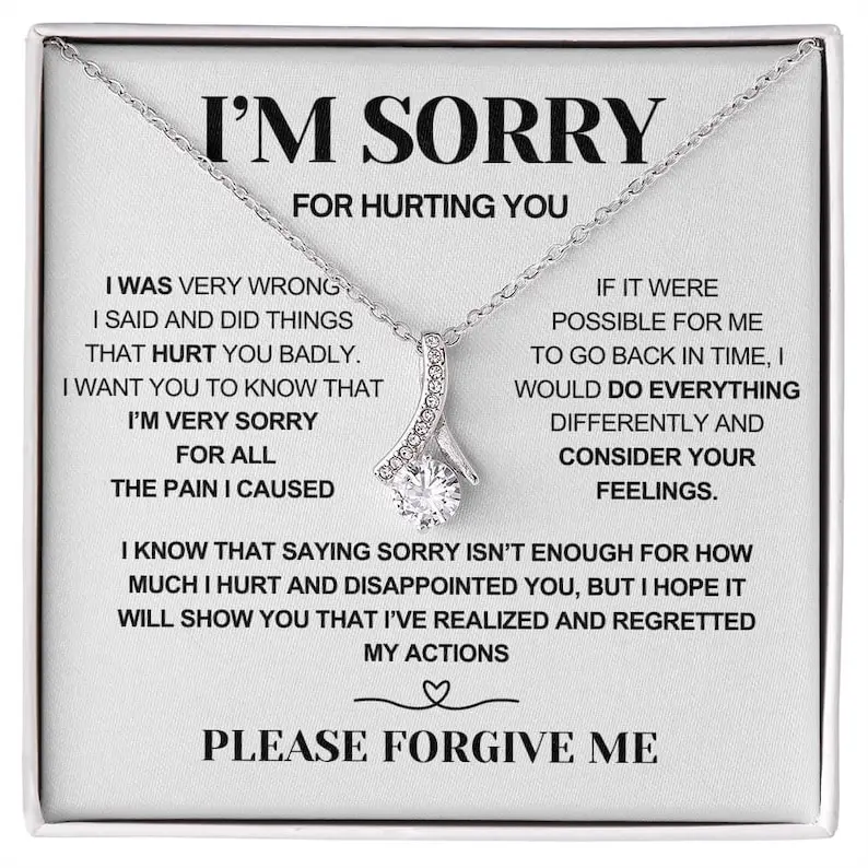 Apology Gift Necklace for Her, Sorry Forgiveness Jewelry, Cubic Zirconia Pendant with White Gold Finish, Romantic Love Message Necklace, Meaningful Promise Gift for Girlfriend Wife