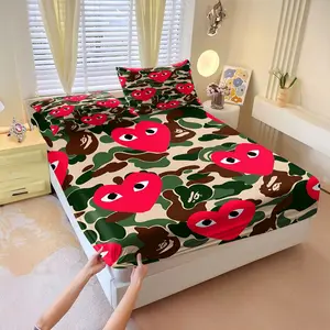 3Pcs Camouflage Patterned Fitted Sheet Set, Bed Sheet Sets, Army Bed Sheets, Beige and Green Camo Print with Red Hearts, Soft and Comfortable Bedding, Ideal for Modern Bedroom Decor, Includes 2 Pillowcases, No Pillow Core