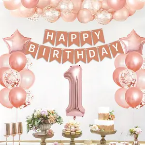 31-piece pink balloon set with "Happy Birthday" banner - Perfect for birthday parties, baby showers, and family celebrations, including numbered, star, and confetti balloons, birthday party decorations