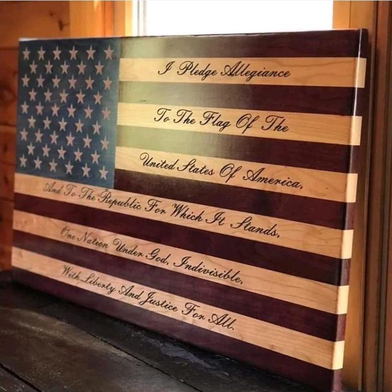 Pledge Of Allegiance Veteran Made American Wood Flag with Engraved Pledge Text and American Flag Design