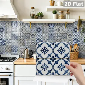 24PCS Blue & White Retro Tile Stickers - Crystal Film Multi-Thickness Self-Adhesive Kitchen Backsplash Decals
