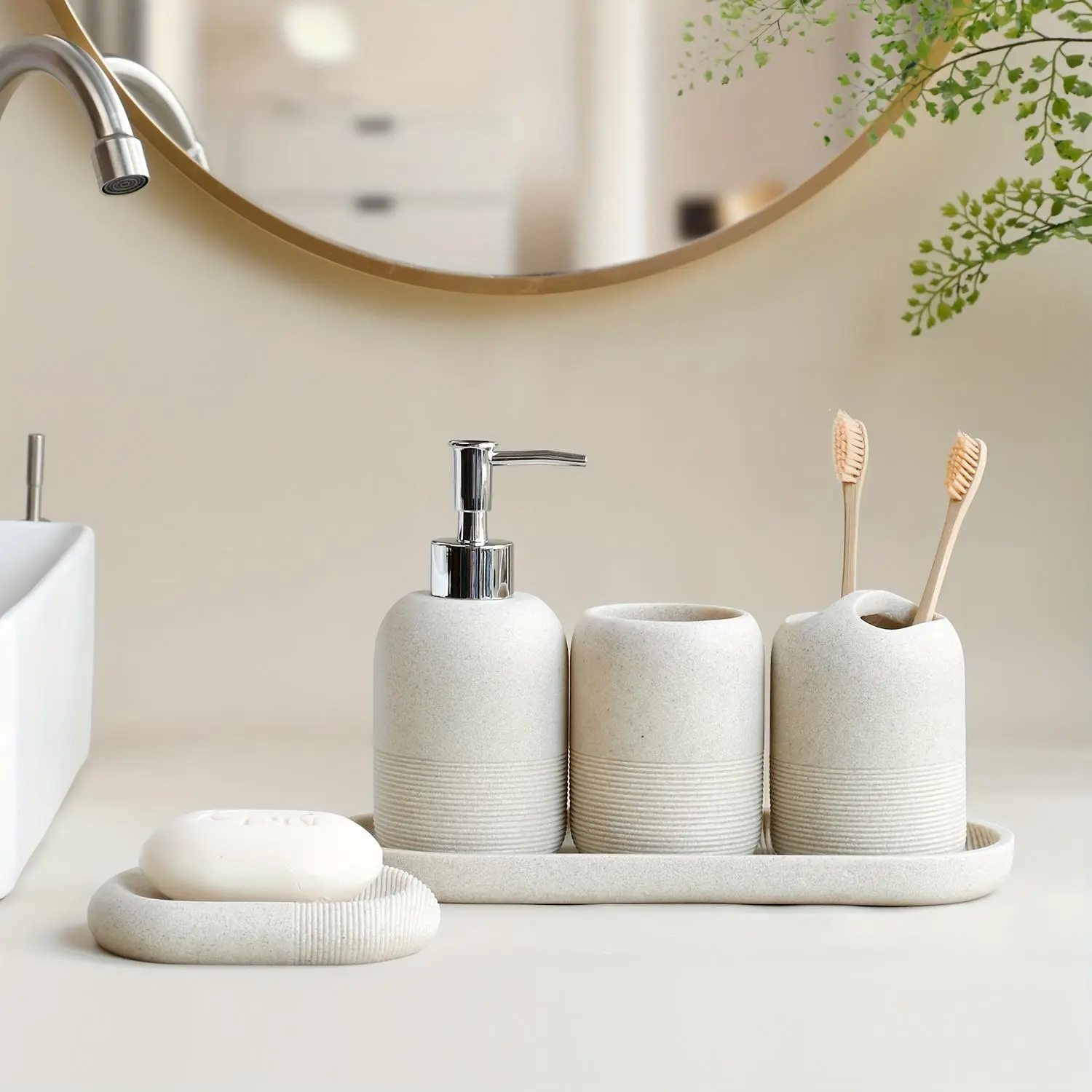 ZHANWANGJIAJU 5pcs Modern Bathroom Accessory Set - Yellow Sandstone Pattern Durable Plastic Set with Toothbrush Holder, Soap Dispenser, Cup, Soap Dish for Bathtub, Sink Organization, Bathroom Accessory Sets