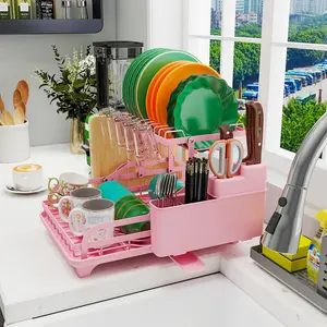 1pc Pink Dish Drying Rack, 2 Tier Dish Racks for Kitchen Counter, Large Dish Drying Rack with Drainboard & Utensil Holders, Rust-Proof Dish Drainers, Adjustable Dish Drainer, Kitchen Organization