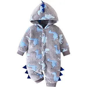 XP-NG07  Baby Boys Dinosaur Outfit Fleece Bodysuit Infant One Piece Hooded Button Romper Outerwear Jumpsuit Toddler Jackets