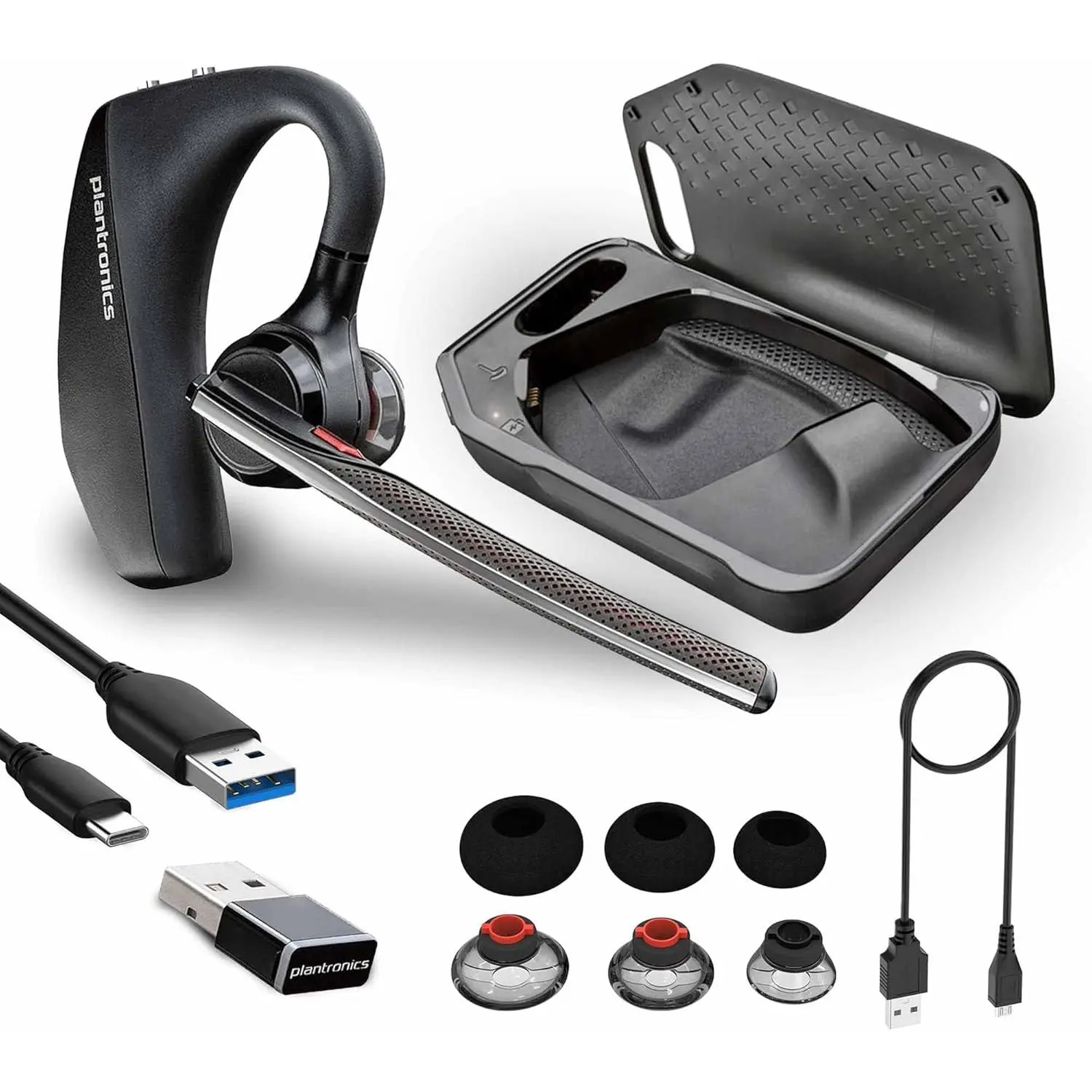 Plantronics Poly Voyager 5200 UC Bluetooth Headset (7K2F3AA) Bundle Including: Led Light, Type-C to Type-A Cable, Small, Medium, Large Ear Tips, Charging Case, Charging Cable