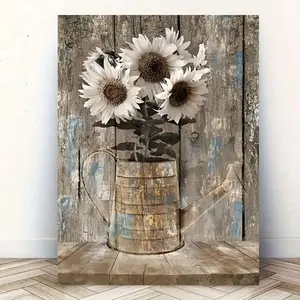 1 Piece Wooden Frame Farmhouse Sunflower Canvas Painting Art Print Bedroom Wall Living Room Decoration Rustic Floral Poster Country Sunflower Picture Canvas Print with Frame Ready to Hang Gift