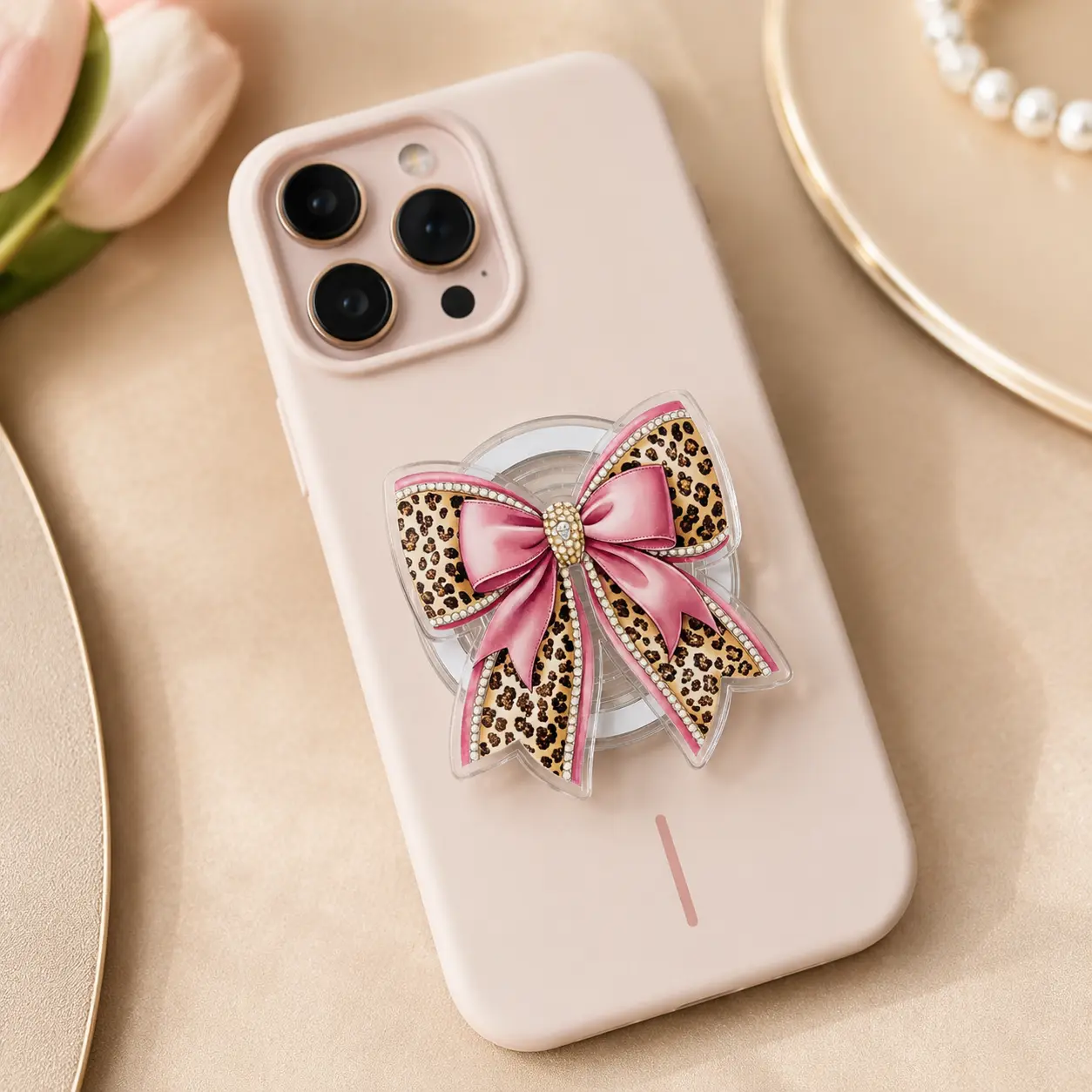 Pink Leopard Bow MagSafe Phone Grip - 2D Magnetic Phone Holder & Kickstand - Cute Coquette Gift