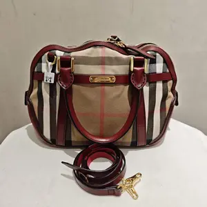 Pre-owned BURBERRY Canvas Shoulder Bags Beige Check & Burgundy Leather Bowling Bag