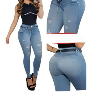 Colombian Push Up Jeans High Waist Butt Lift Skinny Fit with Belt Detail Women's Distressed Denim Ripped Details Trendy Look