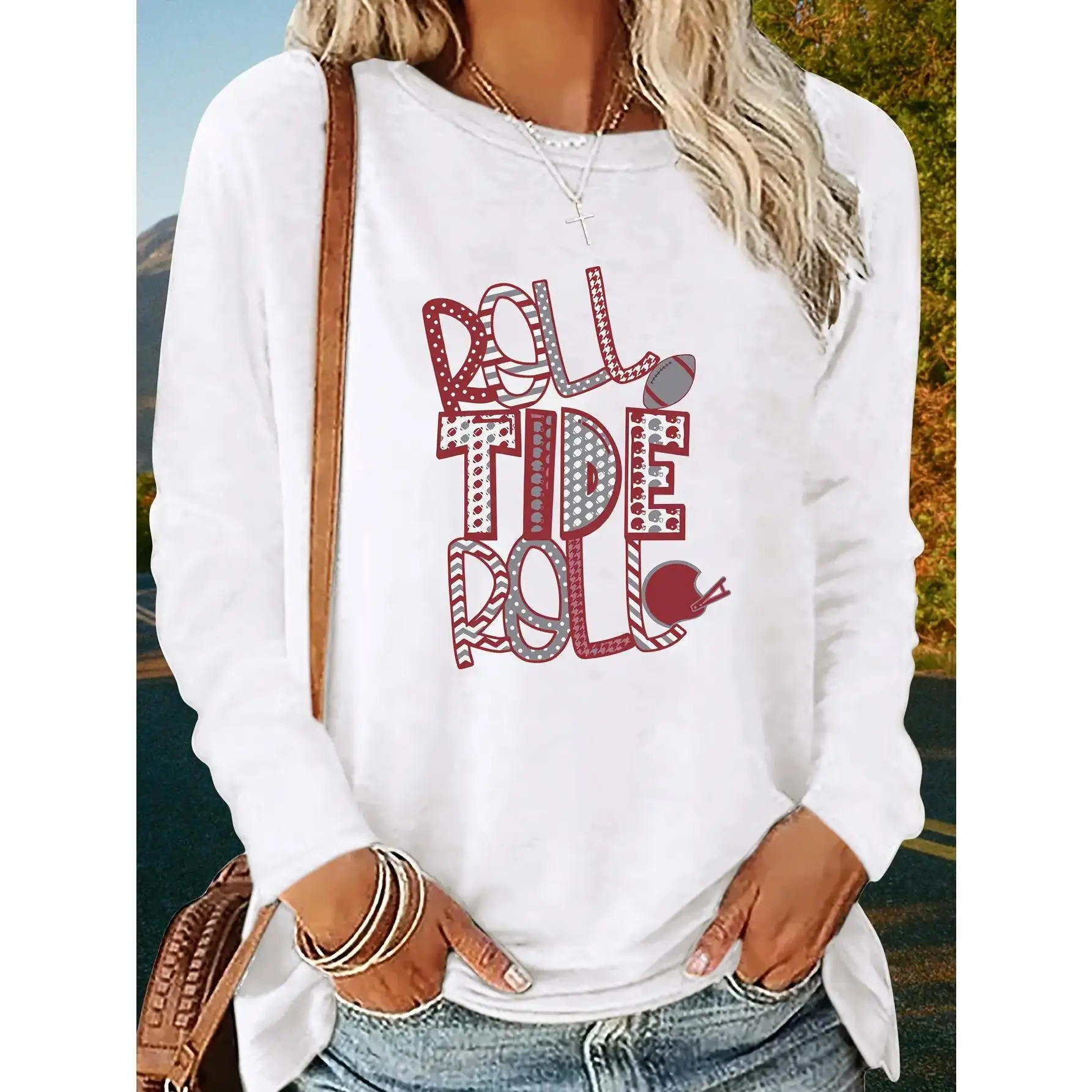 Alabama Pattern Printed T-shirt, Long Sleeve round Neck Casual Top, Suitable for Spring and Autumn, Women's Clothing