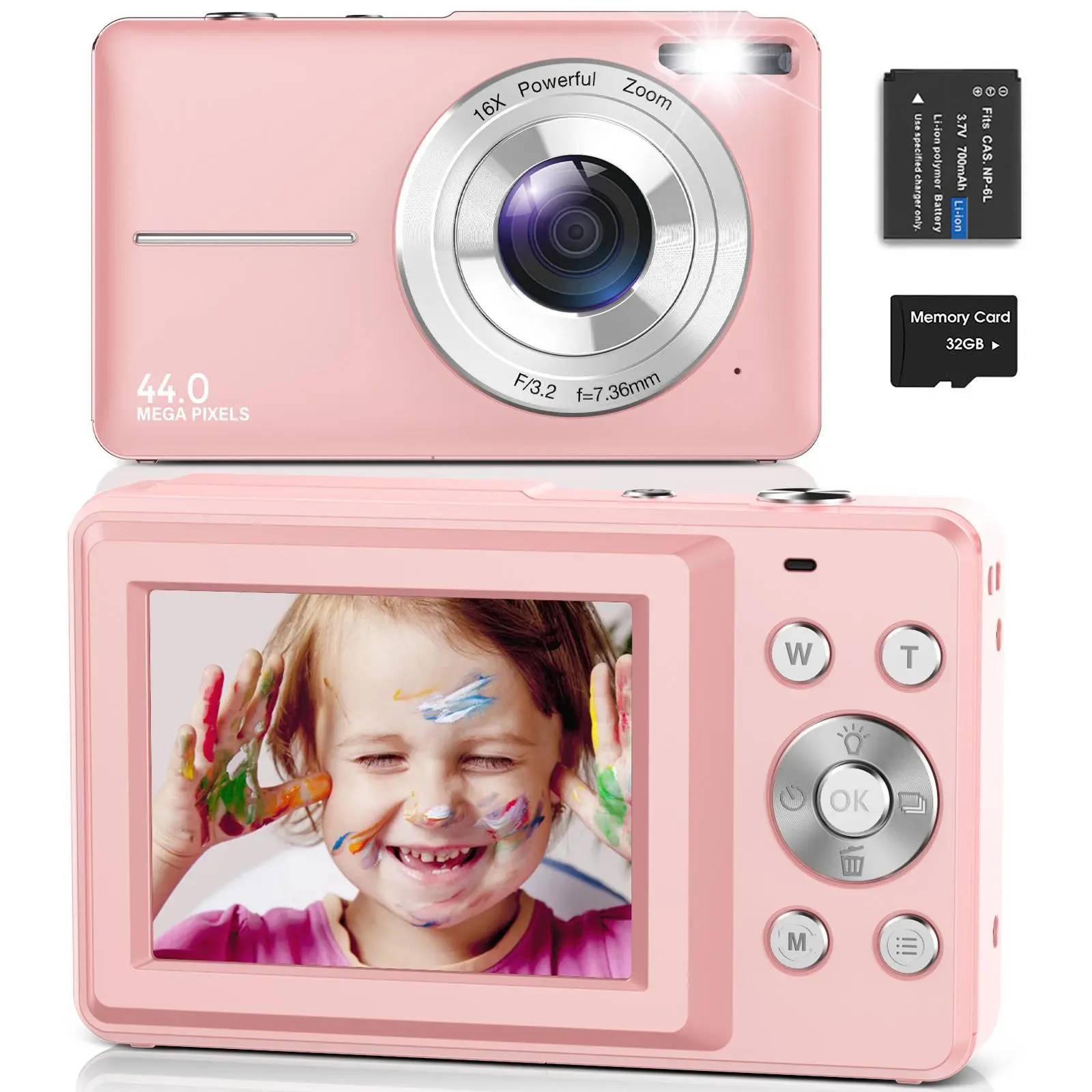 44MP Photo & 16X Digital Zoom Digital Camera, 1080P Digital Camera with 32GB Memory Card, Easy Operation & Portable Camera