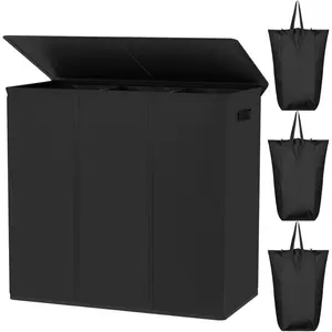 180L Laundry Hamper with Lid 3 Section,Large Laundry Basket with Removable Bags and Handles,Collapsible Dirty Clothes Hampers for Laundry,Laundry Basket Organizer for Laundry Room,Dorm,Black