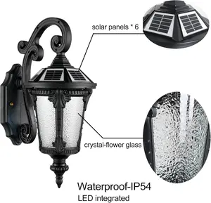 HOLKIRT Solar Outdoor Lights, Dimmable LED Exterior Wall Sconce with Remote, Water-Rippled Glass Shade, IP54 Waterproof, 4-Color Selectable for Patio, Porch, Garage