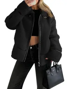 Tankaneo Womens Faux Fur Jackets Winter Trendy Sherpa Moto Leather Patchwork Zip Up Coat