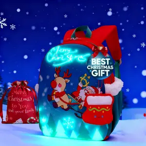 SUN EIGHT Kids Christmas Backpack with Santa & Reindeer Print,Lightweight Durable School Bag Holiday Gift for Boys Girls with Plush Keychain