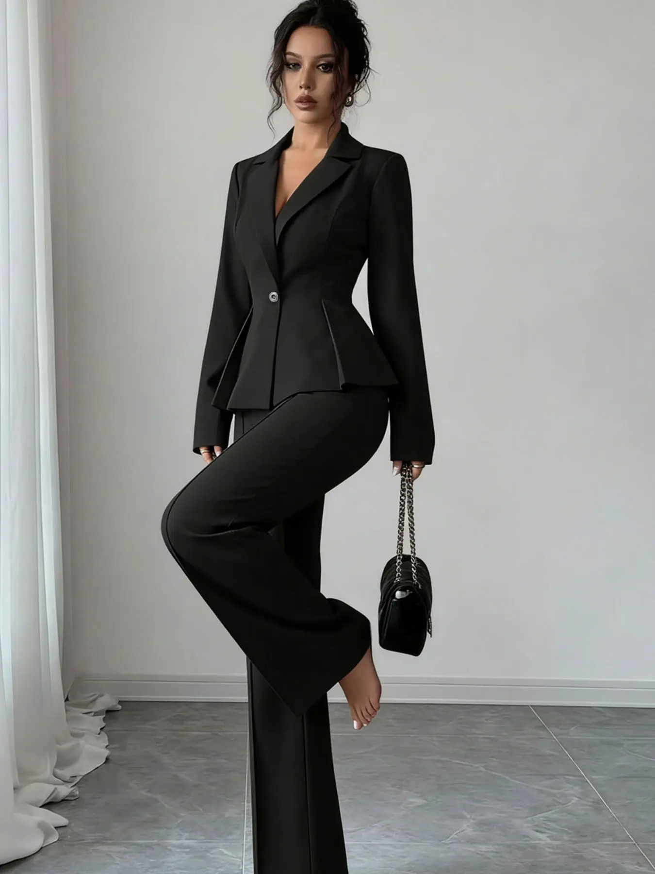 Women's two-piece black Fitted lapel multi-button waist-cinching ruffled hem Long Sleeve blazer and high-waisted leg-lengthening suit pants set, fashionable, Chic, Elegant and versatisuitable for all seasons, daily wear, events, and other occasions.