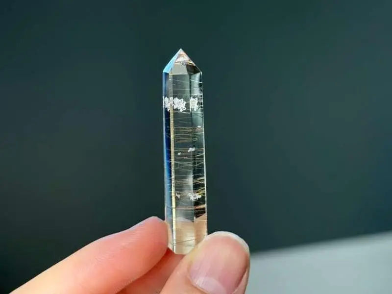 Natural Golden Rutilated Quartz Tower with White Calcite, Polished Crystal Point, Rare Inclusion Quartz