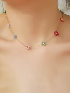 Women's Waterproof Stainless Steel Necklace, Handmade Colorful Flower Choker, Summer Beach Vacation Accessory, Random Colors & Beads, Exquisite Jewelry Gift