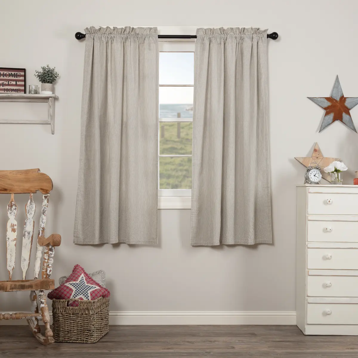 100% Cotton Seersucker Blue Ticking Stripe Curtain Panels, Light Filter Short Panels, Machine Stitched Household Textile Curtains, Stripe Pattern