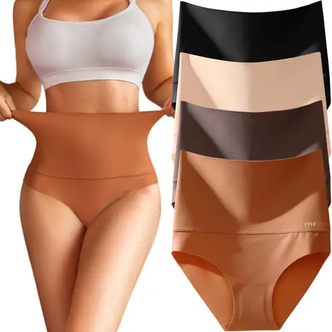FINETOO Women's High-Waisted Seamless Shaping Cotton Bikini Panties - Soft Comfy, Stretch Minimalist Basic Nylon Spandex Bridal Lingerie, 4PCS, S-XXXL Elastic Underwear