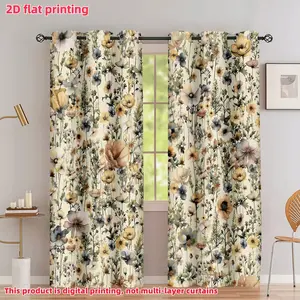 2D Flat 2Pcs Wildflower Floral Print Curtains, Eyelet Blackout Drapes, Farmhouse Style Privacy Window Panels for Living Room, Bedroom, Dining Decor, Home Accessories, Anti-privacy