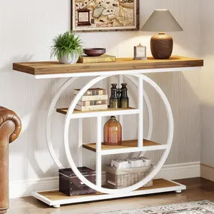 LustreC 41.3" Console Table, Industrial 4-Tier Sofa Table Entryway Table with Circle Base, Narrow Wood Accent Tables with Storage Shelves for Living Room, Hallway, Foyer, Brown White
