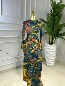 PULKRITU Elegant Women's Printed O-Neck Long Sleeve Ruffled Satin Belted Maxi Formal Wear Prom Dress, Club Sexy Evening Party Outfit Gown, Female Fashion Music Festival Dress,Romantic Lady Skirt,Graduation Season Dress