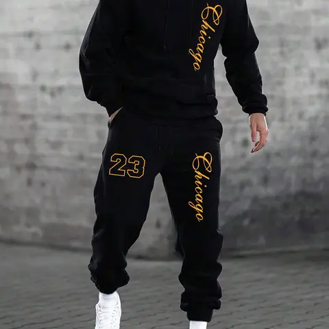 Men's Letter Print Hoodie & Pants Set, Regular Fit Casual Long Sleeve  Hooded Sweatshirt  & Jogger Pants, Men's Fall & Winter Clothes for Daily Wear