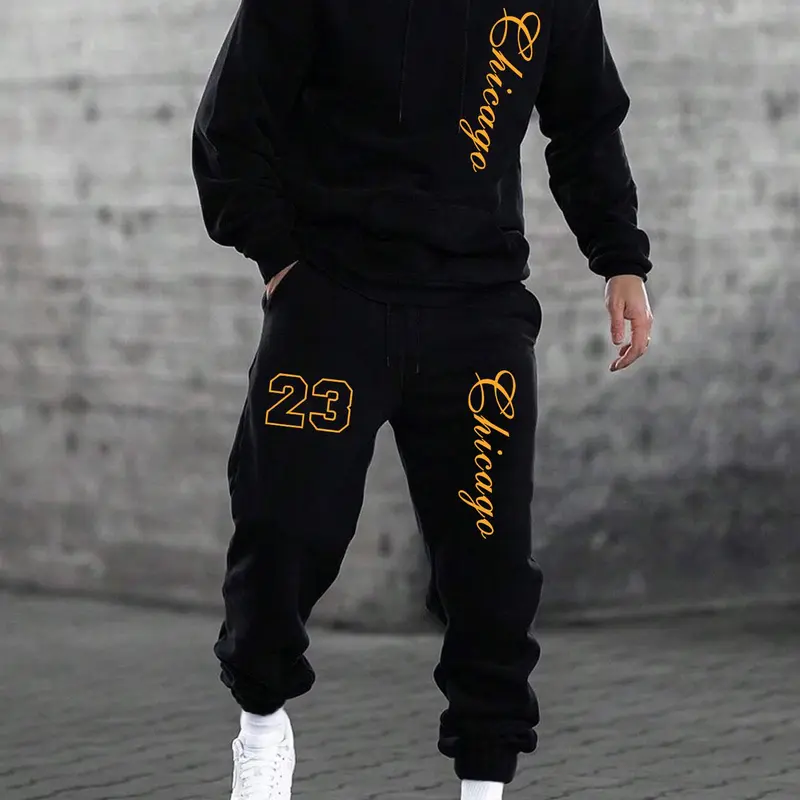 Men's Letter Print Hoodie & Pants Set, Regular Fit Casual Long Sleeve  Hooded Sweatshirt  & Jogger Pants, Men's Fall & Winter Clothes for Daily Wear