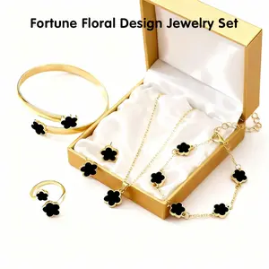 Lucky Flower Design Pendant Fashion Jewelry Set for Women, Trendy Dainty Necklace Ring Bracelet Earrings, Casual Matching Floral Jewelry Set, Exquisite Cute Gift for Her, Everyday Wear Accessories