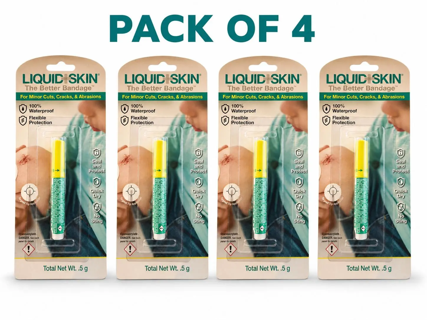 Liquid Skin The Better Bandage; Waterproof, Quick Dry, Seal & Protect, 4-Count - For minor cuts, cracks & abrasions, flexible protection 5g each, no sting