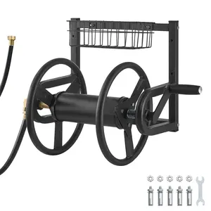VEVOR Wall Mounted Garden Hose Reel, Holds 125 ft 5/8-inch Hose, Heavy-Duty Water Hose Winder, Space-Saving Design, Outdoor Manual Reel with Brass Fitting and Storage Basket for Yard Lawn