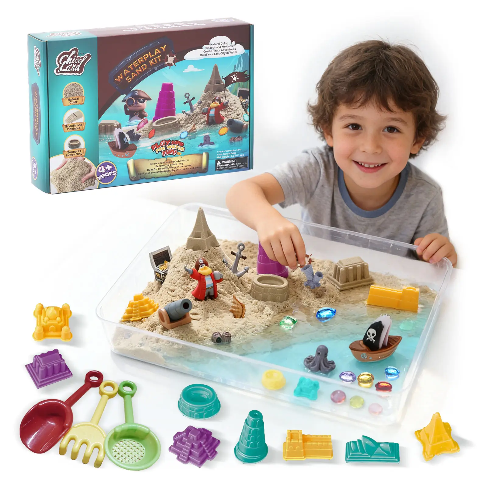 Waterplay & Sensory Sand Kit – 2.2lb Pirate Adventure Play Sand for Kids Ages 4+, Water & Sandbox Play with Molds, Gems & Tools, Mess-Free, Non-Toxic Sensory Bin Filler​