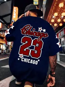 Men's Chicago 23 Vintage Graphic Tee | Oversized Fit, Retro Sports Print & Star Sleeve Design | Trendy Streetwear Essential | Perfect for Basketball & Urban Style Enthusiasts | Top