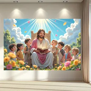 2D Flat Easter Jesus and Children Background Banner, Vibrant Cartoon Style Party Decoration for Photo Taking, Perfect Gift for Seasonal Home Decor and Party Organizers
