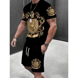 Breathable Polyester Digital Print Fashion Set - Men's Casual 3D Short Sleeve T-Shirt & Drawstring Shorts, Machine Washable