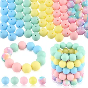 100 Pcs 15mm Silicone Beads for Keychain Making, Yellow Green Blue Pink Silicone Bulk Round Beads for Bracelets Pens Crafts