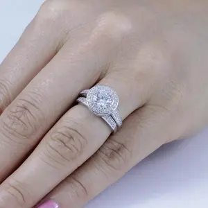 2PC Sterling Silver Cz Round Halo Wedding Band Engagement Ring Set Size 3-15 SE750