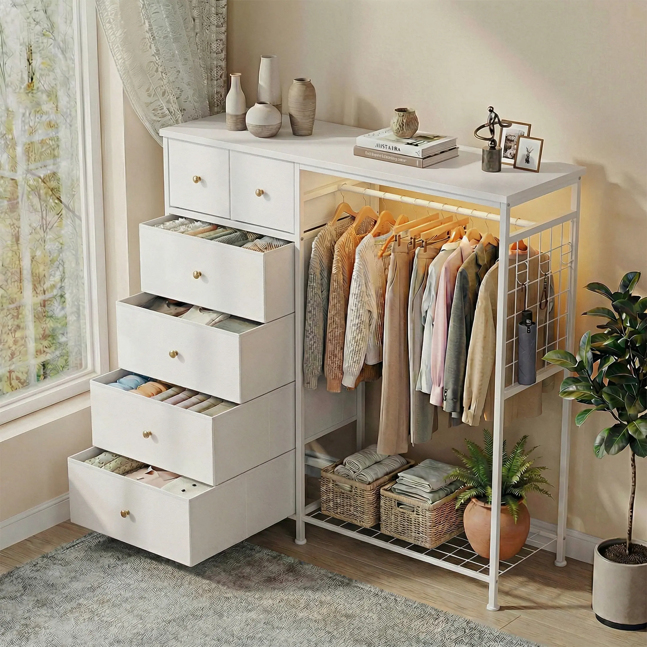 White 6-Drawer Dresser with Hanging Rack, Reversible Fabric Chest for Bedroom, Tall Storage Tower with Sturdy Frame, 44 Inch - TikTok Shop White 6-Drawer Dresser with Hanging Rack, Reversible Fabric Chest for Bedroom, Tall Storage Tower with Sturdy Frame, 44 Inch - TikTok Shop