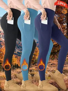 3PCS Women's Winter Warm Sporty Leggings,Big Pocket Feature Soft Comfortable Tight-Fitting Design, Ideal for Indoor & Outdoor Activities, Shaping Leggings