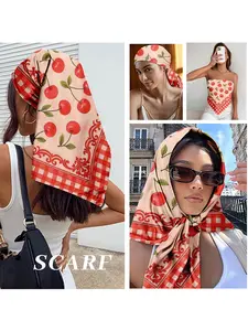 Cherry Plaid Satin Hair Scarf for Women, Vintage Headband, Summer Picnic Essential, Retro Style Accessory, Daily Fruit Theme Celebration, Checkered Scarf