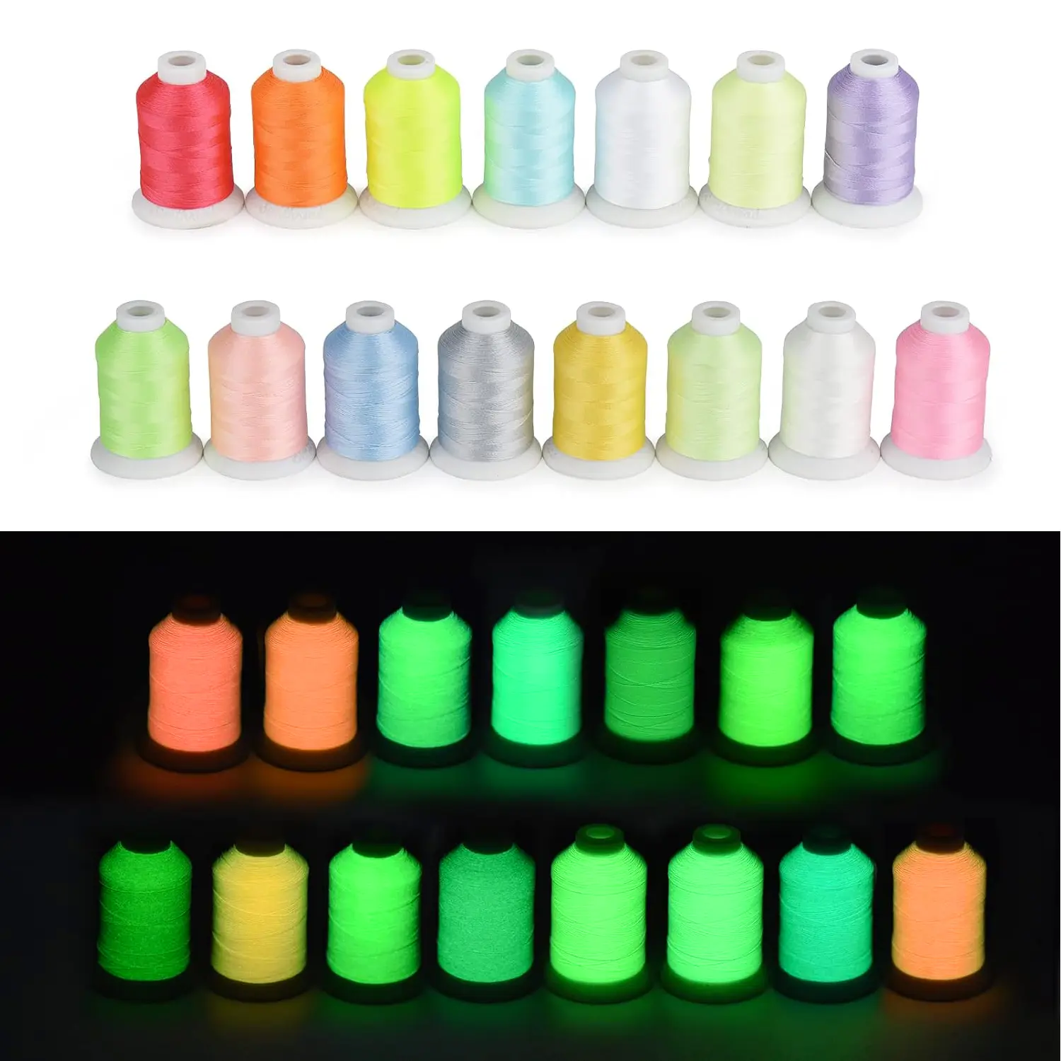 Simthread 15-Color Glow-in-the-Dark Polyester Embroidery Thread Kit, 30WT 550Y Spools for DIY Crafts, Needlework Projects, Spool