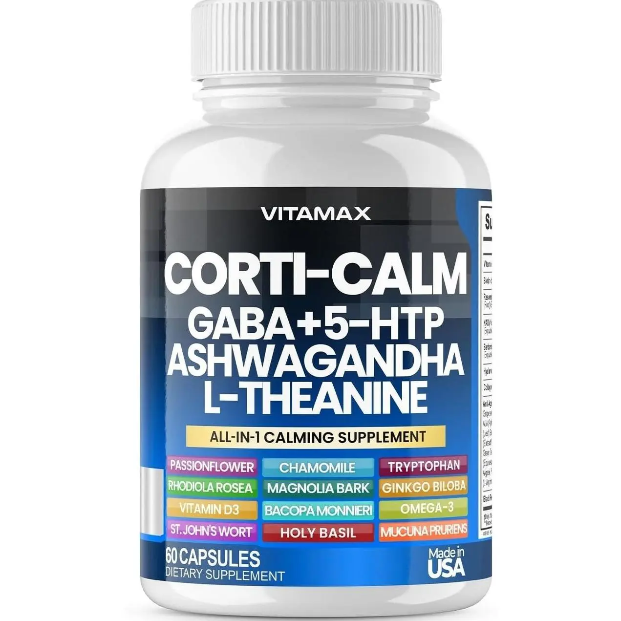 Corti-Calm Cortisol Supplement, L Theanine, Ashwagandha, Vitamin D 3, GABA for Relaxation, Fatigue & Focus with Ginkgo Biloba, Bacopa Monnieri, 5-HTP – Non-GMO, Made in USA – 60ct